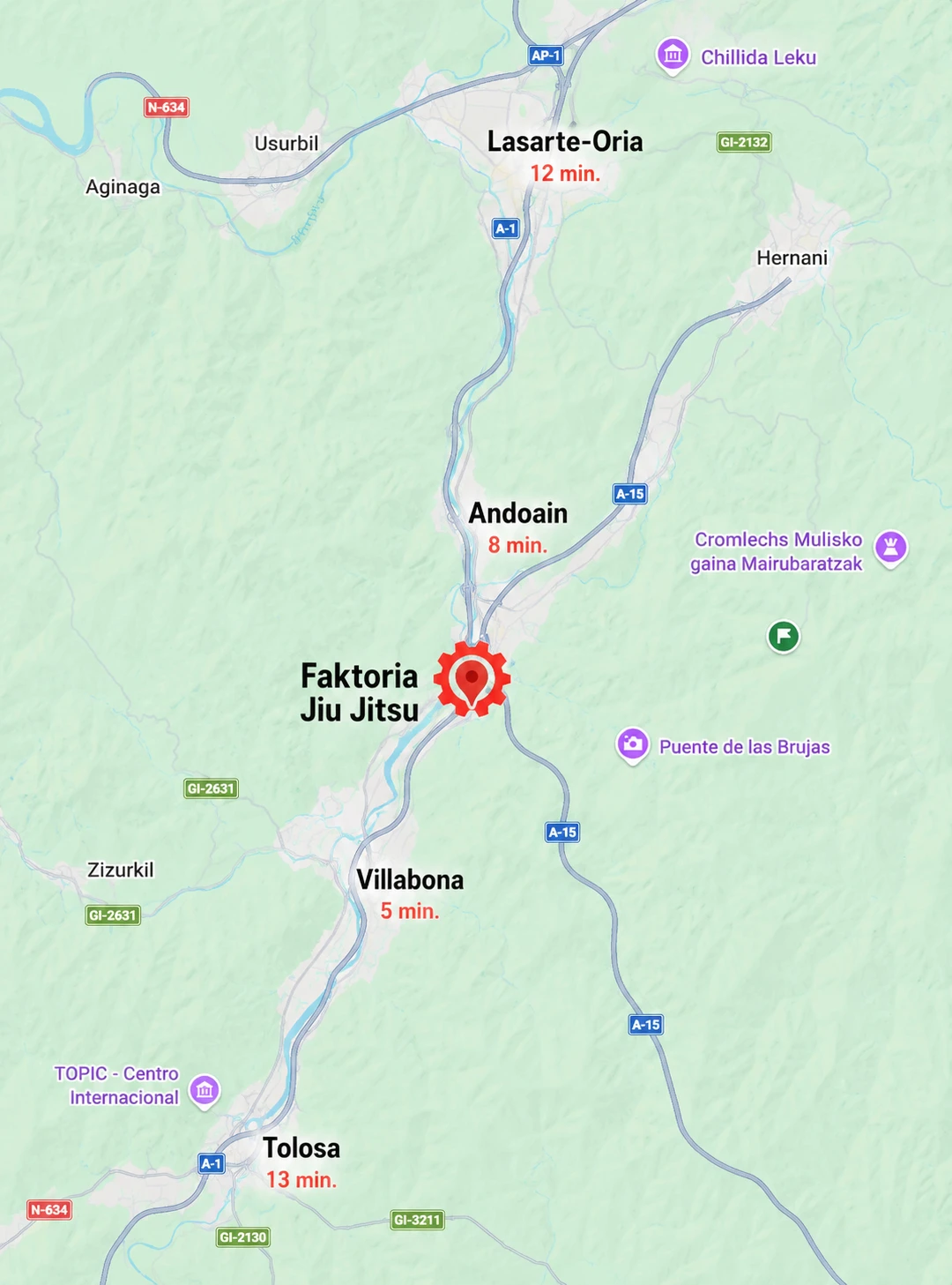 Faktoria Jiu Jitsuren kokapena Adunan eta inguruko herrietatik iristeko denborak
